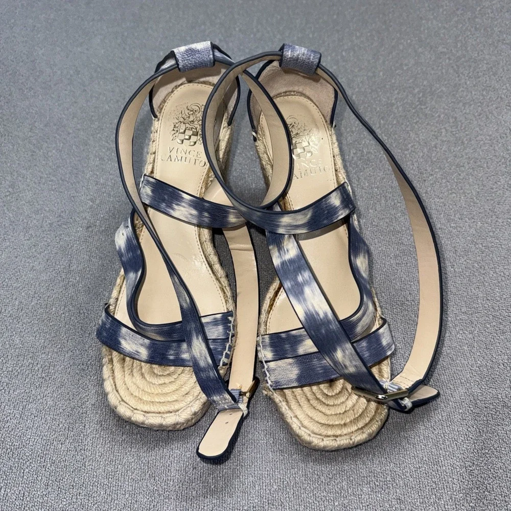 Vince Camuto Sandal Womens 7.5 Leddy Navy Espadrille Wedge Heel Ankle Wrap Suede